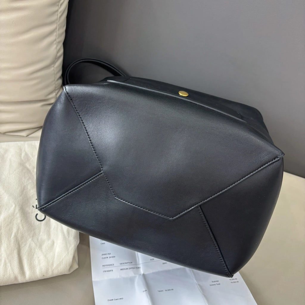 Authentic Celine Zipped Hobo Black Calfskin Shoulder Bag with Gold Hardware