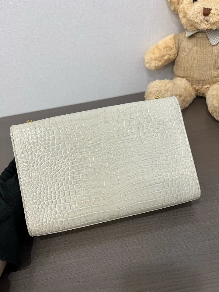 YSL White Crocodile Embossed Leather Tassel Kate Shoulder Bag For Women
