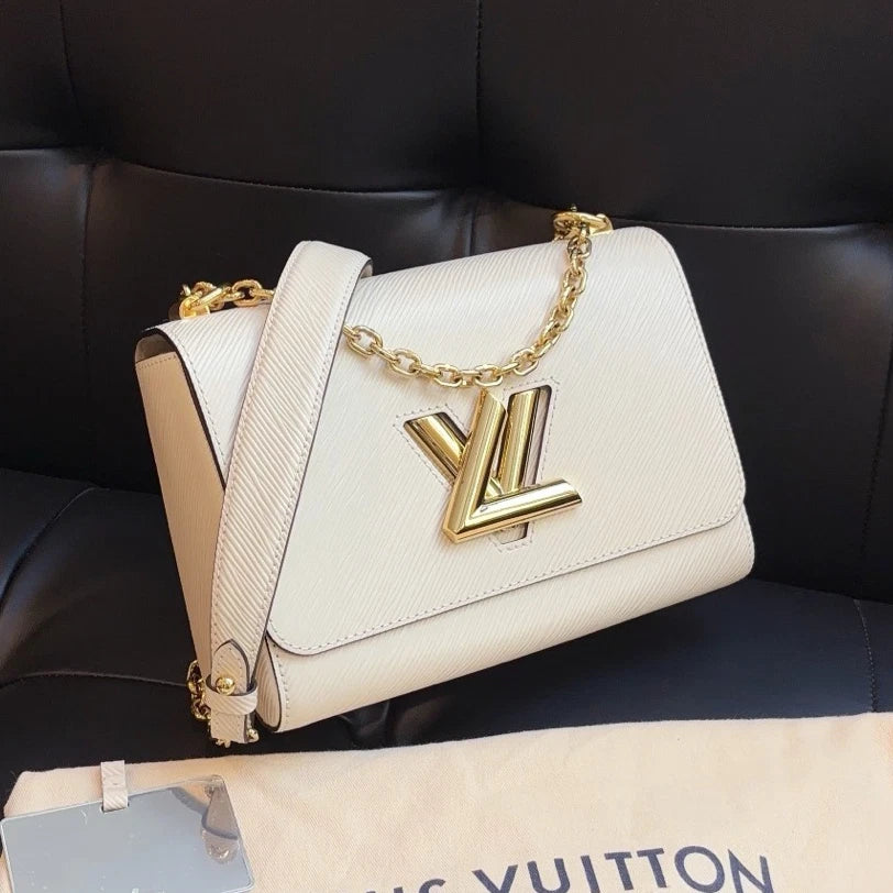 Louis Vuitton Twist MM Chain Shoulder Crossbody Bag White Gold Women Classic