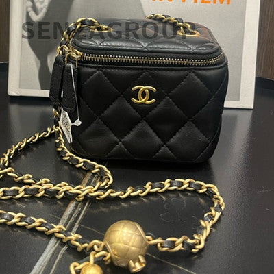 Chanel Classic Black Gold Quilted Small Flap Bag with Ball Chain