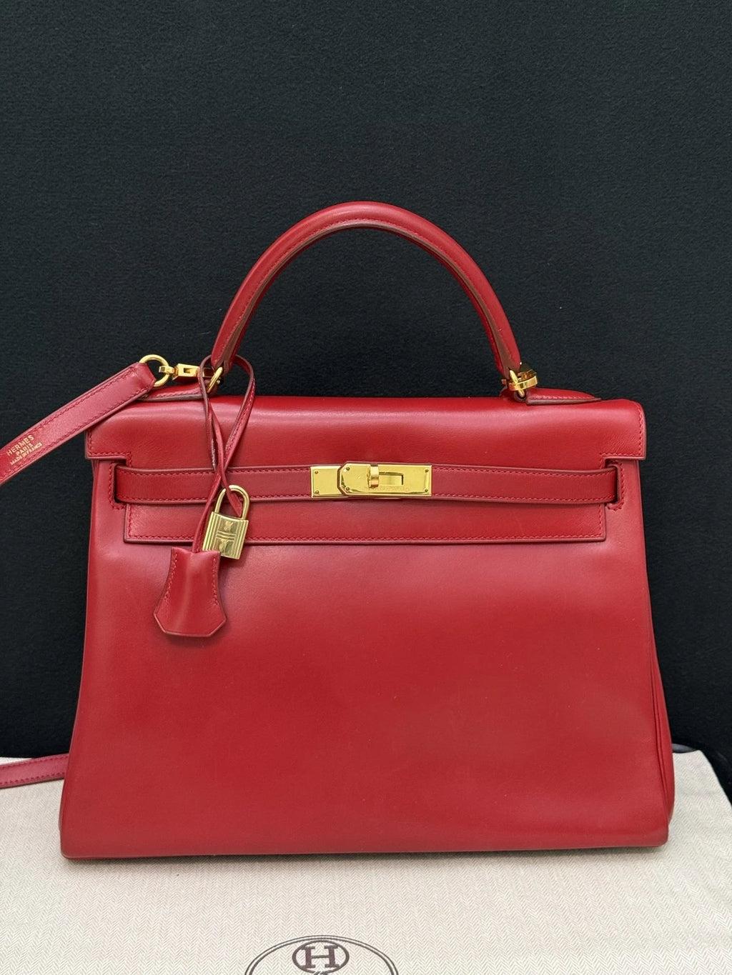 Hermes Kelly32 Top Handle Bag Crossbody Red Gold Classic Fashion Women
