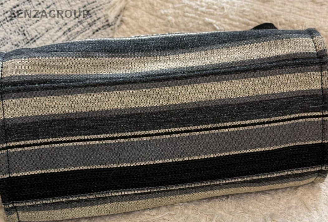 Chanel Tote Striped Bag Chain Shoulder Bag Black Silver Used Women Classic