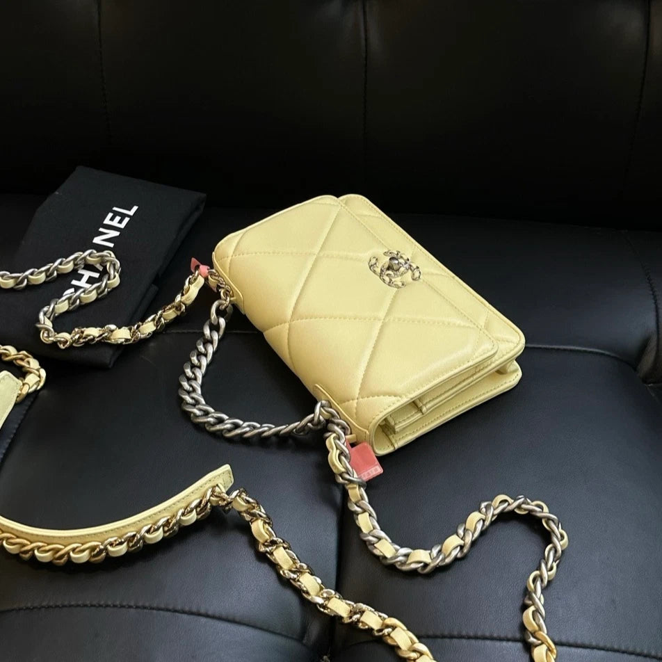 Chanel 19Bag WOC Chain Shoulder Bag Crossbody Yellow Silver Women Classic