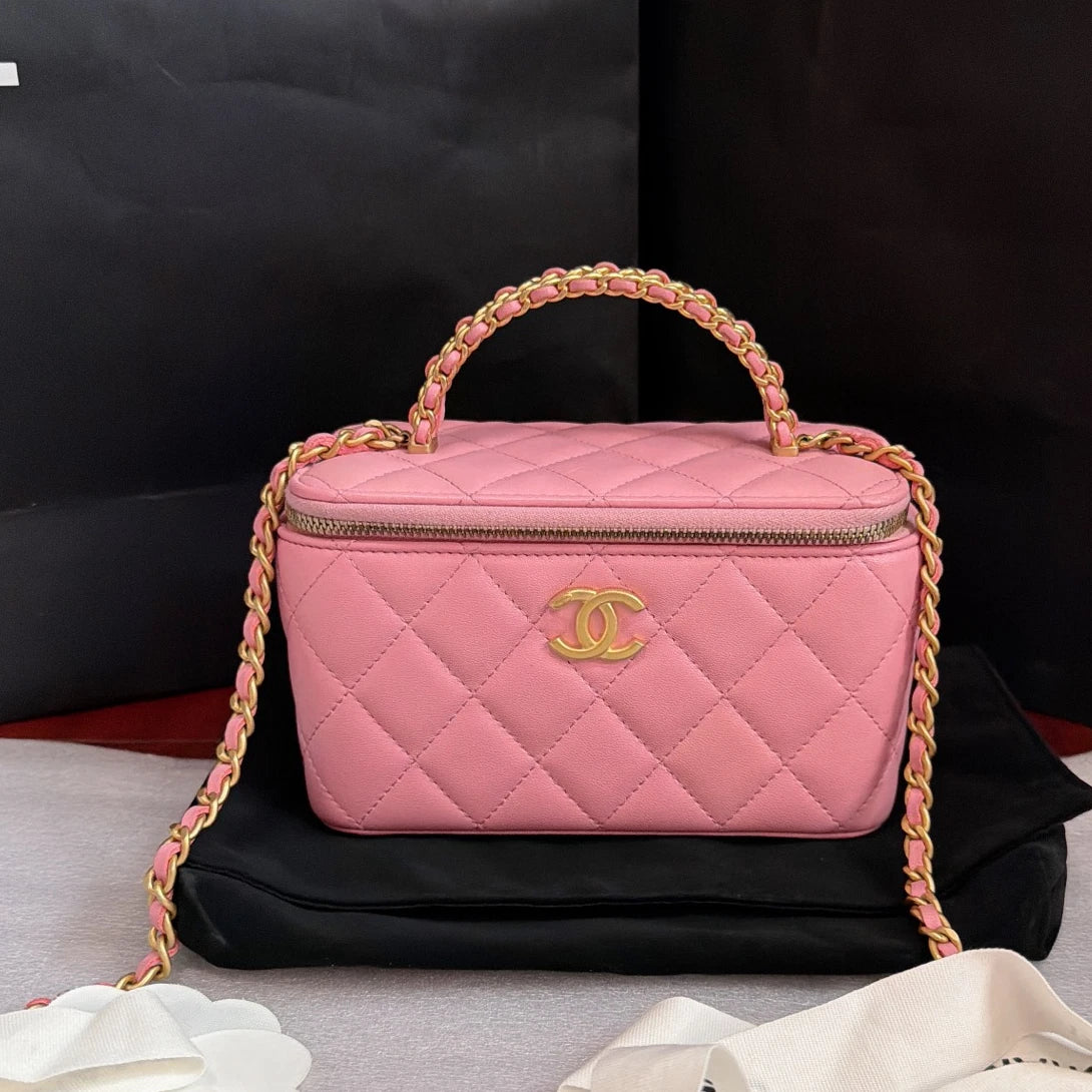 Chanel Vanity Case Diamond Chain Crossbody Top Handle Bag Pink Gold Women