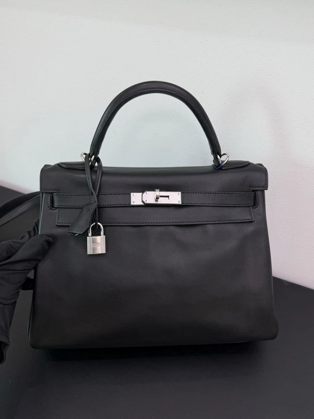 Hermes Kelly32 Evergrain Top Handle Bag Crossbody Black Silver Classic Women