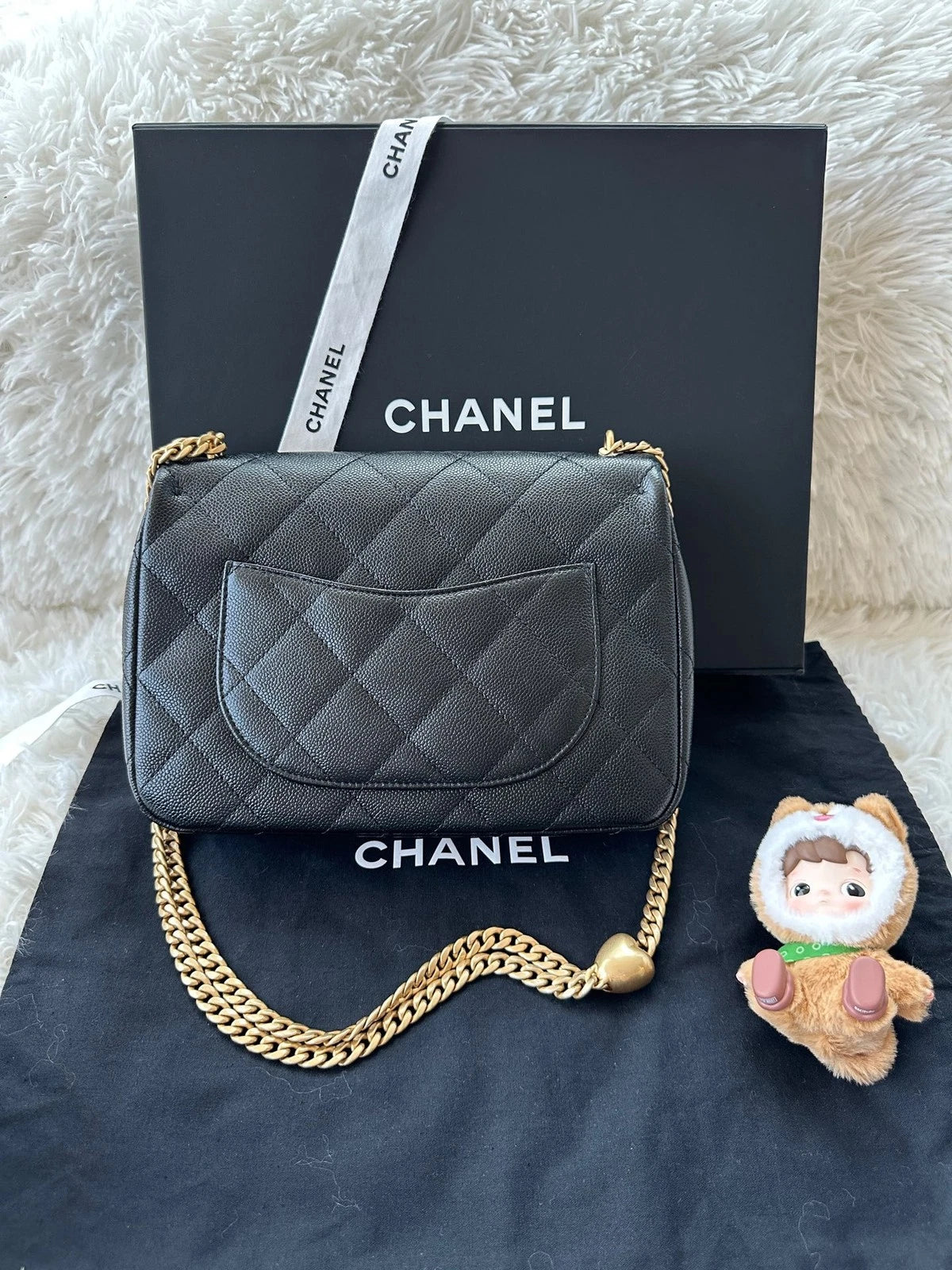 CHANEL Heart Adjustable Buckle Square Crossbody Grained Leather For Women