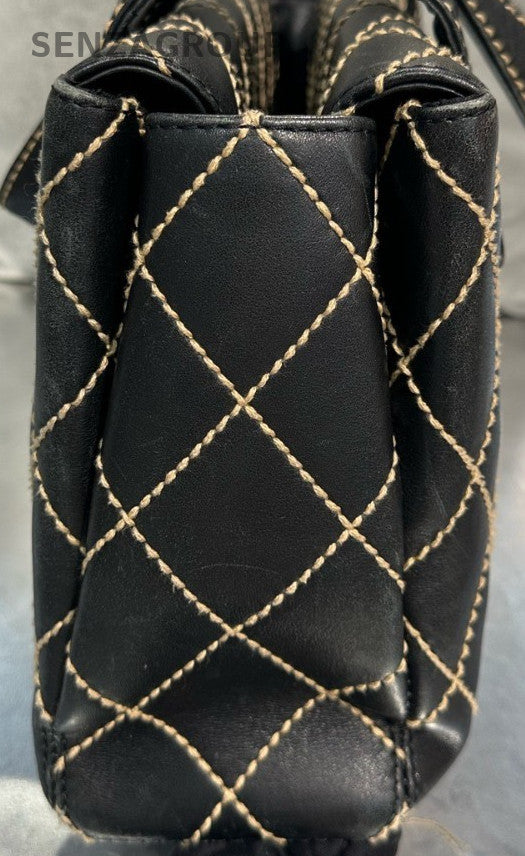 Chanel Calfskin Diamond Pattern Top Handle Bag Black Used Women Classic