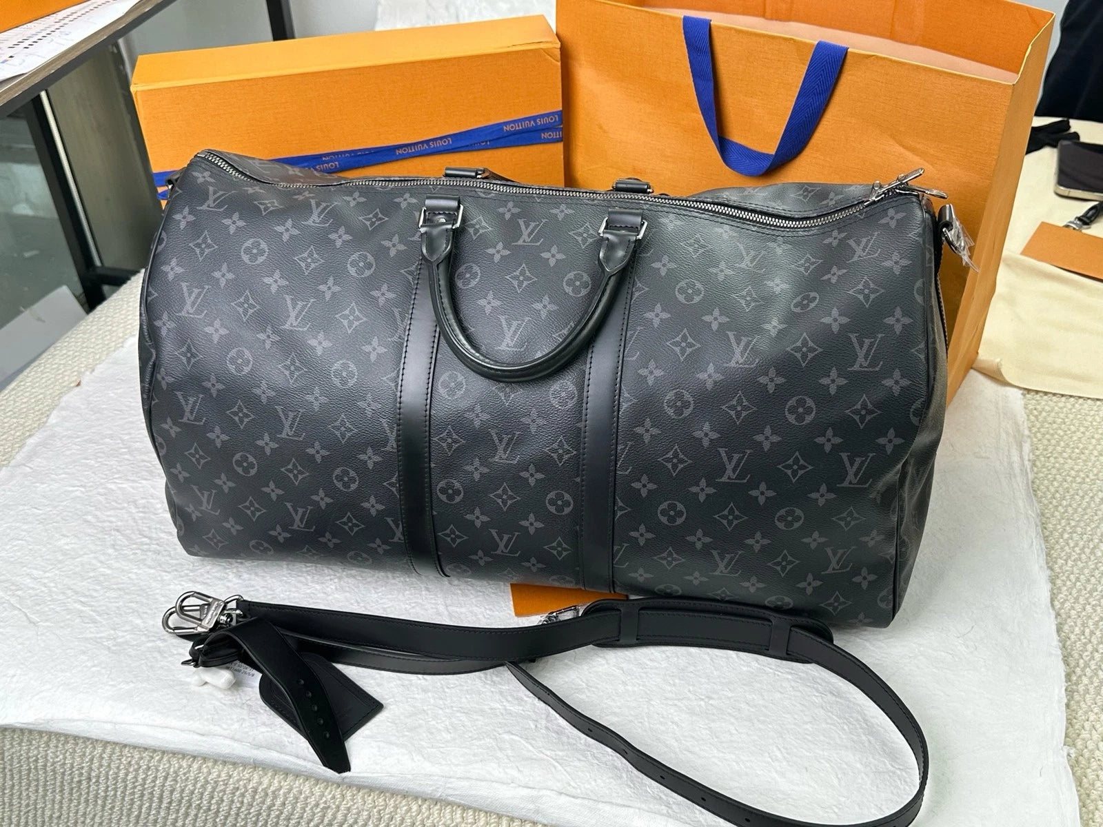 Louis Vuitton Black Canvas Keepall55 Travel Bag For Women