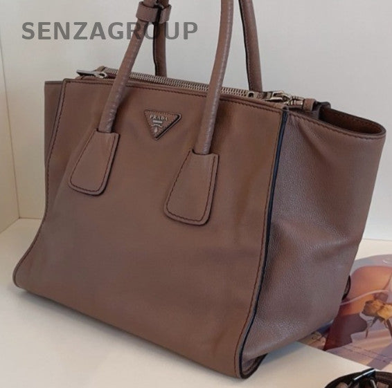Prada Batwing Bag 2Way Top Handle Bag Crossbody Brown Silver Women Classic