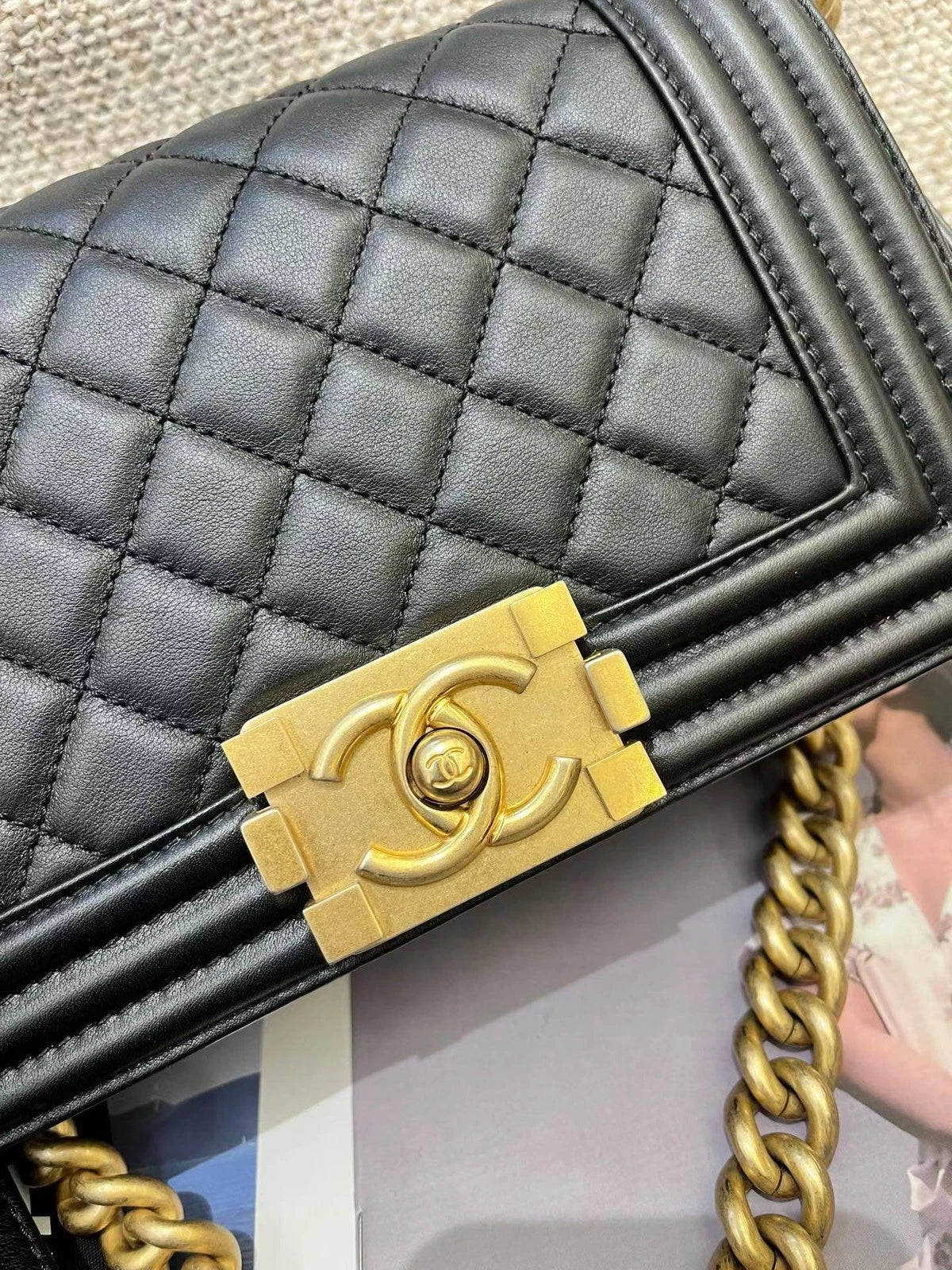 Chanel Leboy PM Calfskin Chain Shoulder Crossbody Black Gold Women Classic