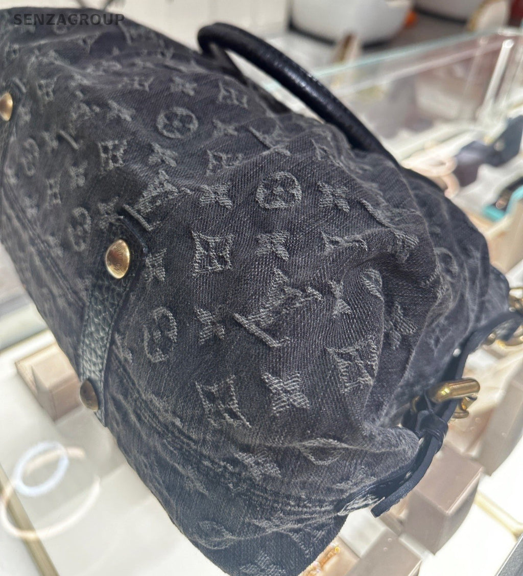 Louis Vuitton Cabby Denim Monogram Top Handle Bag Crossbody Black Gold Women