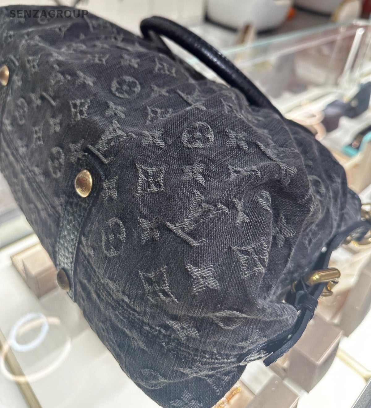Louis Vuitton Cabby Denim Monogram Top Handle Bag Crossbody Black Gold Women