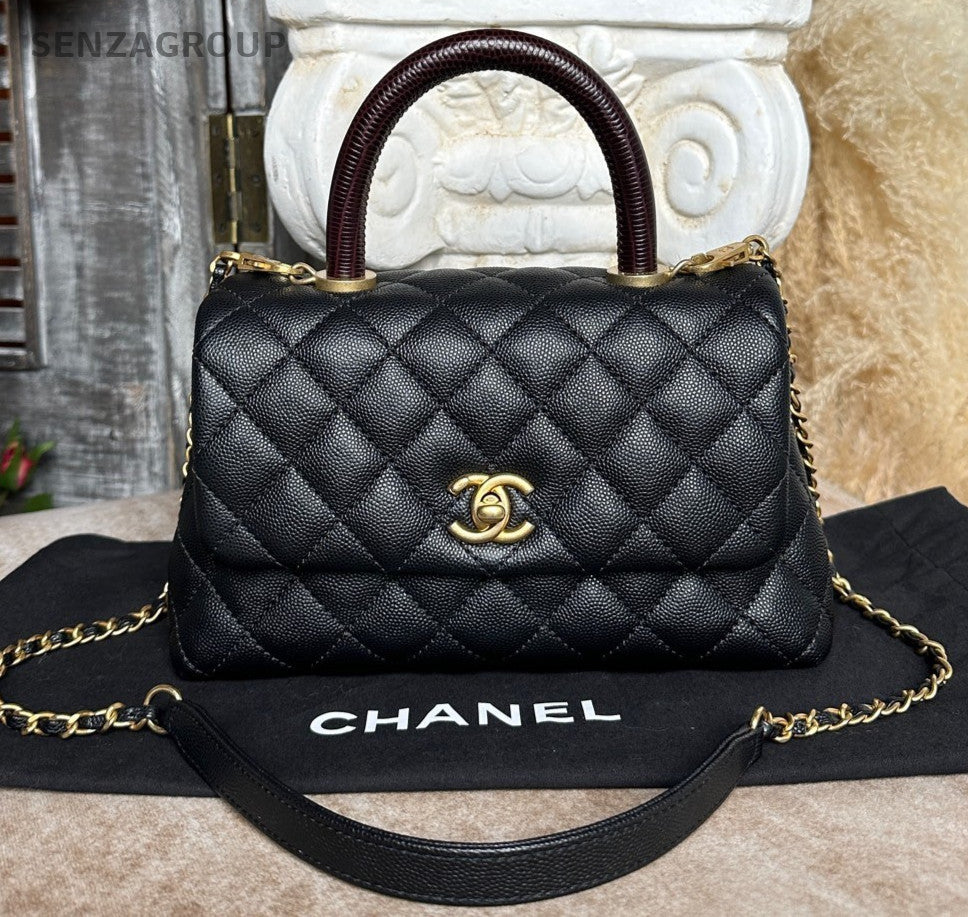 Chanel Coco Handle PM Top Handle Bag Chain Crossbody Black Gold Women Classic