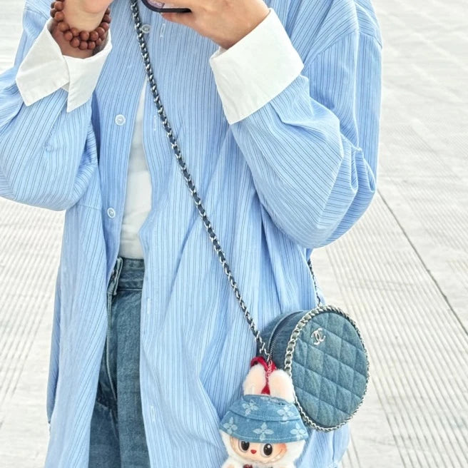 Chanel Denim Round Bag Chain Crossbody Blue Gold Diamond Women Classic