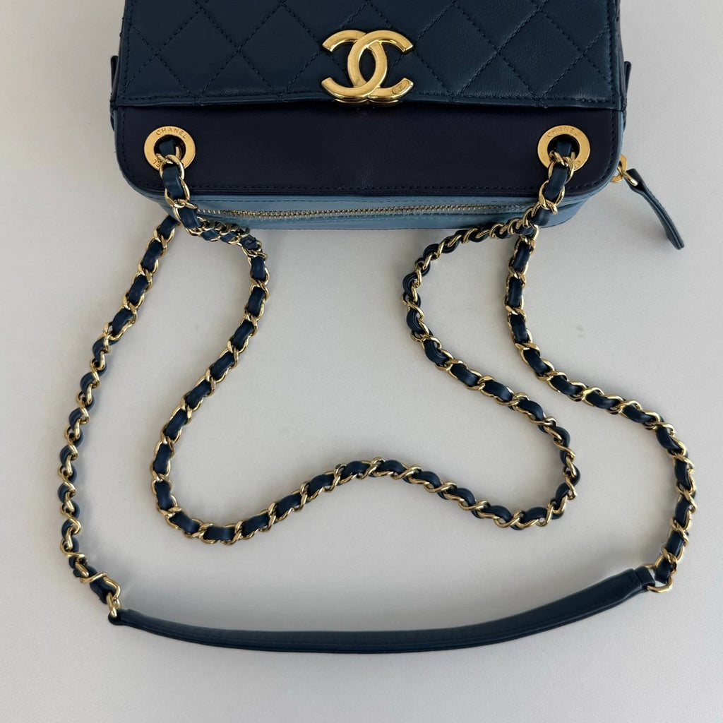 Chanel Diamond Camera Bag Double Chain Blue Shoulder Bag Gold Hardware