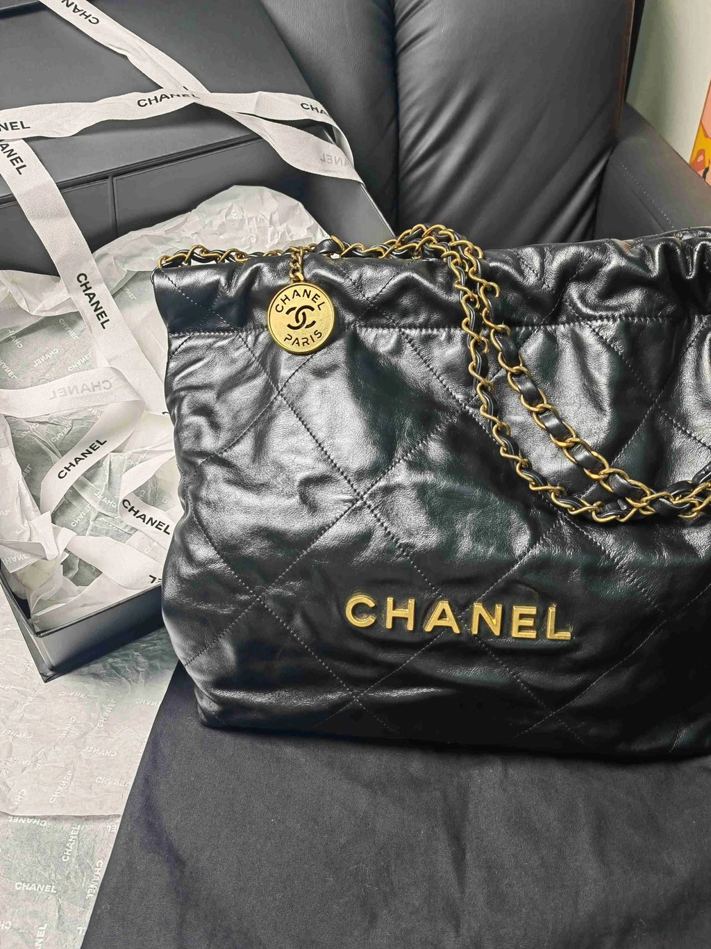CHANEL 22 Bag Black Gold Medium Tote Shoulder Bag for Women