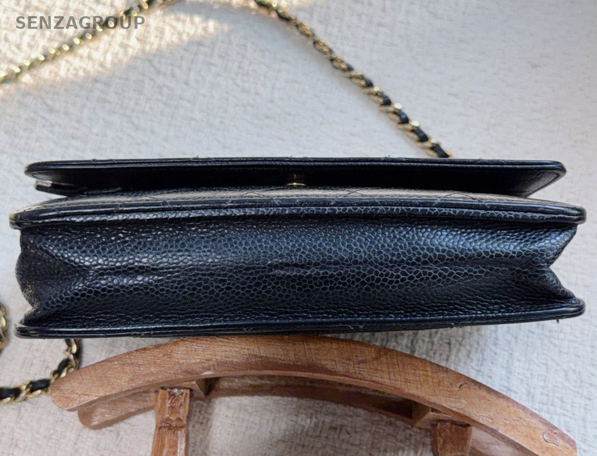 Chanel WOC Diamond Chain Shoulder Bag Crossbody Black Gold Women Classic
