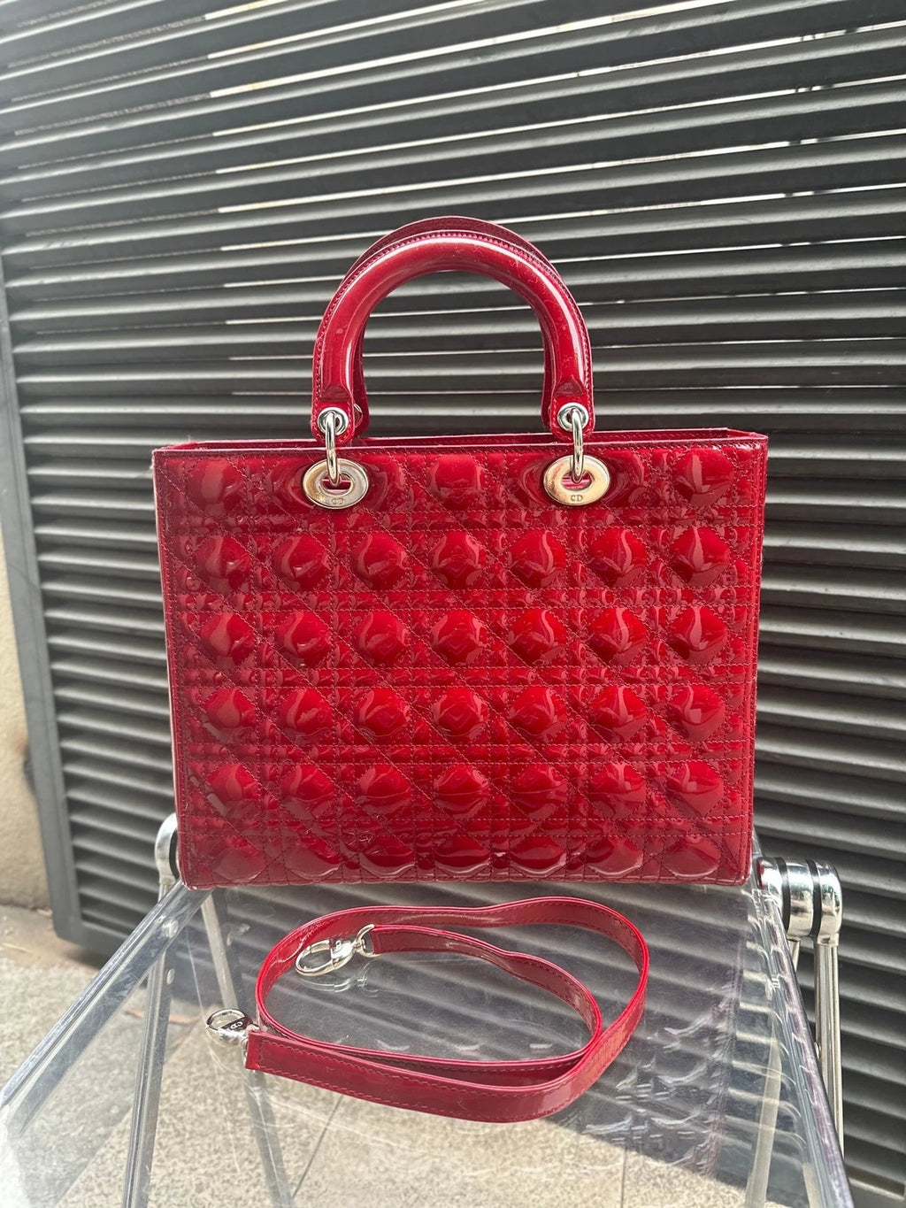 Dior Lady Dior Leather Red Top Handle Excellent