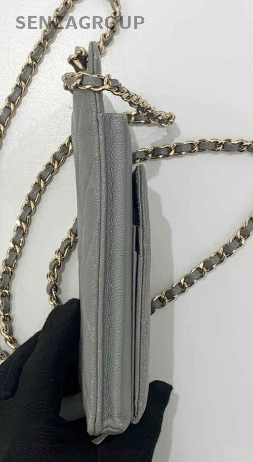 Chanel Calfskin Chain Shoulder Bag Crossbody Gray Gold Diamond Women Classic