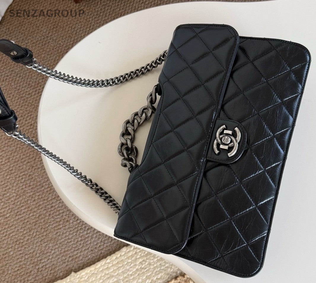 Chanel Classic Flap Chain Shoulder Bag Black Silver Used Women Diamond Designer