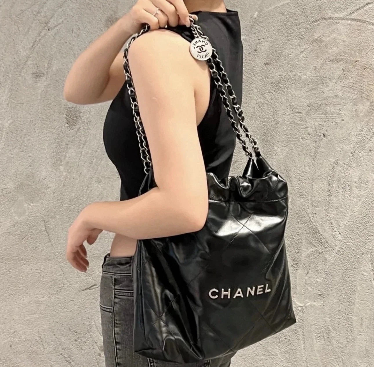 Authentic CHANEL 22Bag Small Black Silver Chain Tote Bag For Women