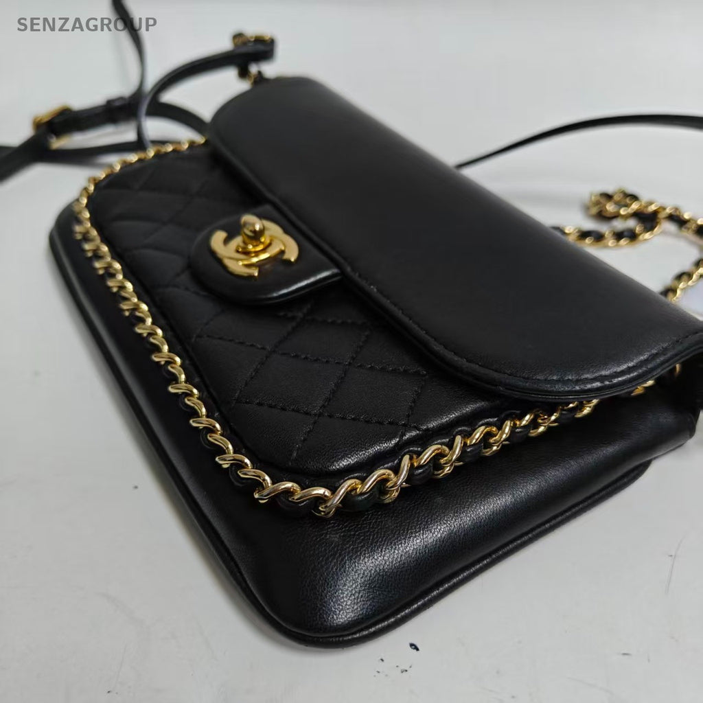 Chanel Timeless Chain Shoulder Bag Black Gold Diamond Women Classic Designer