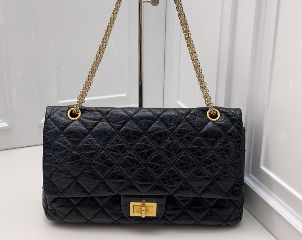CHANEL 2.55 Diamond Pattern Chain Shoulder bag Black Gold Women