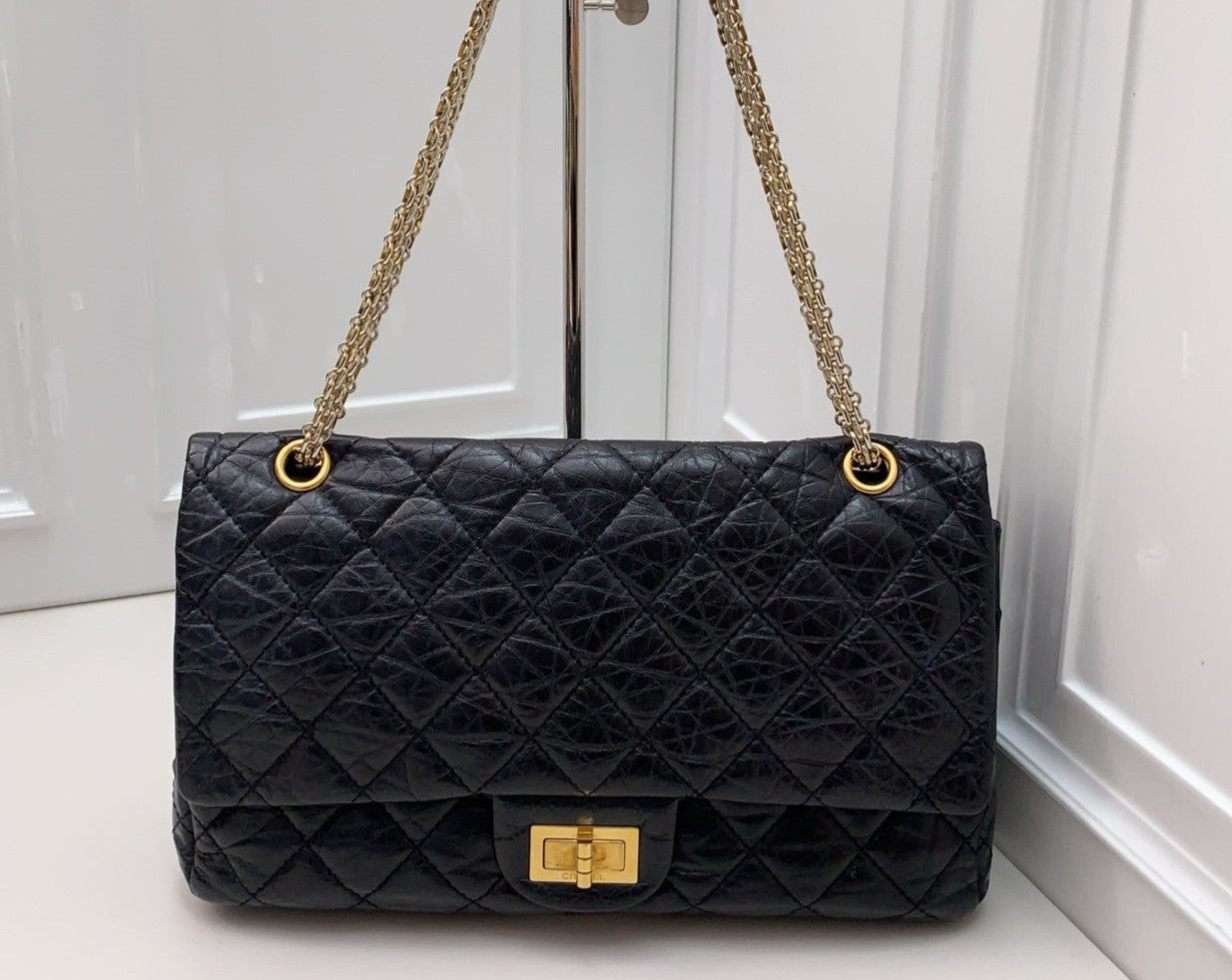 CHANEL 2.55 Diamond Pattern Chain Shoulder bag Black Gold Women
