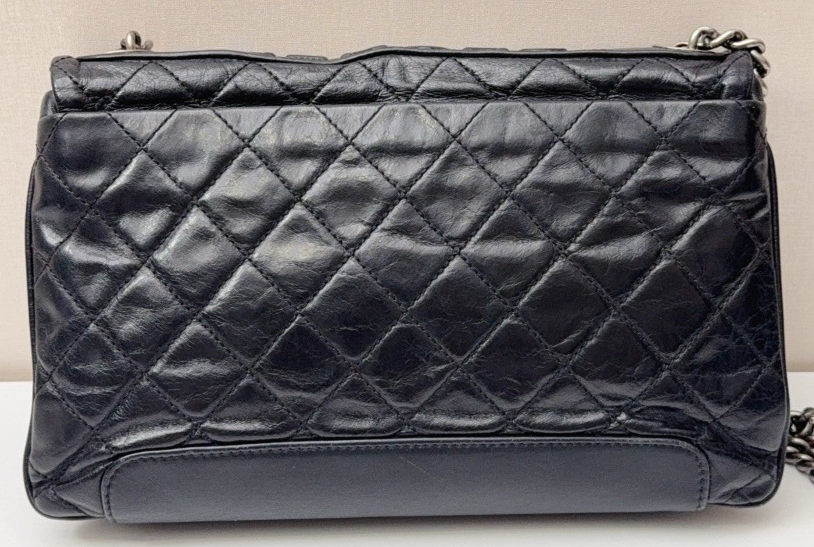 Chanel Classic Flap MM Chain Shoulder Bag Black Silver Diamond Women Designer