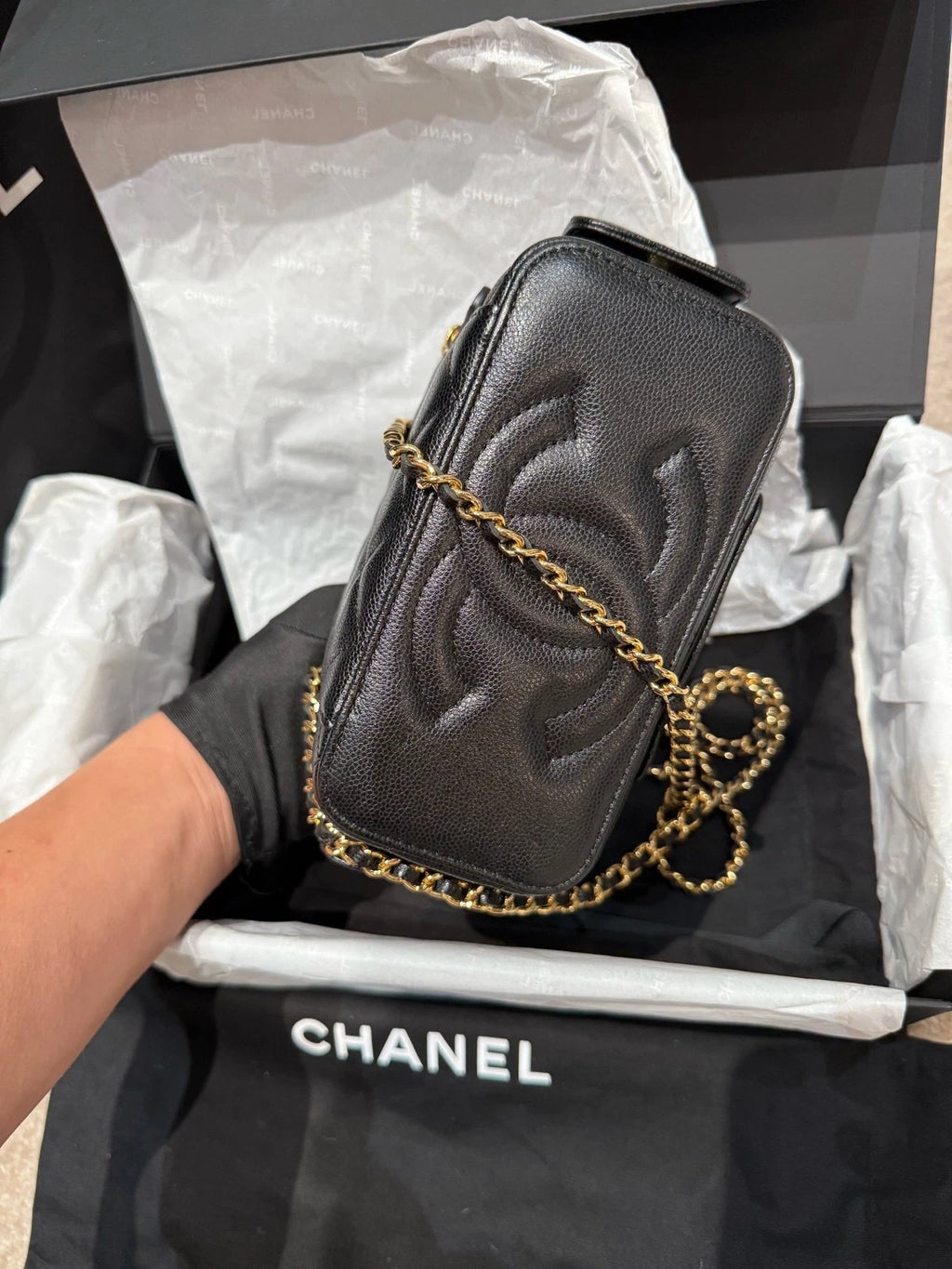 CHANEL Cargo Black Gold Caviar Leather Shoulder Bag For Women