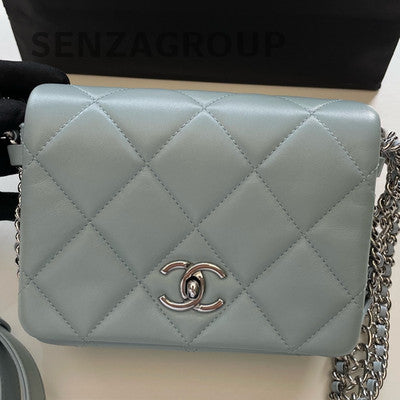Chanel 22P Waterfall Chain Shoulder Bag Blue Silver Quilted