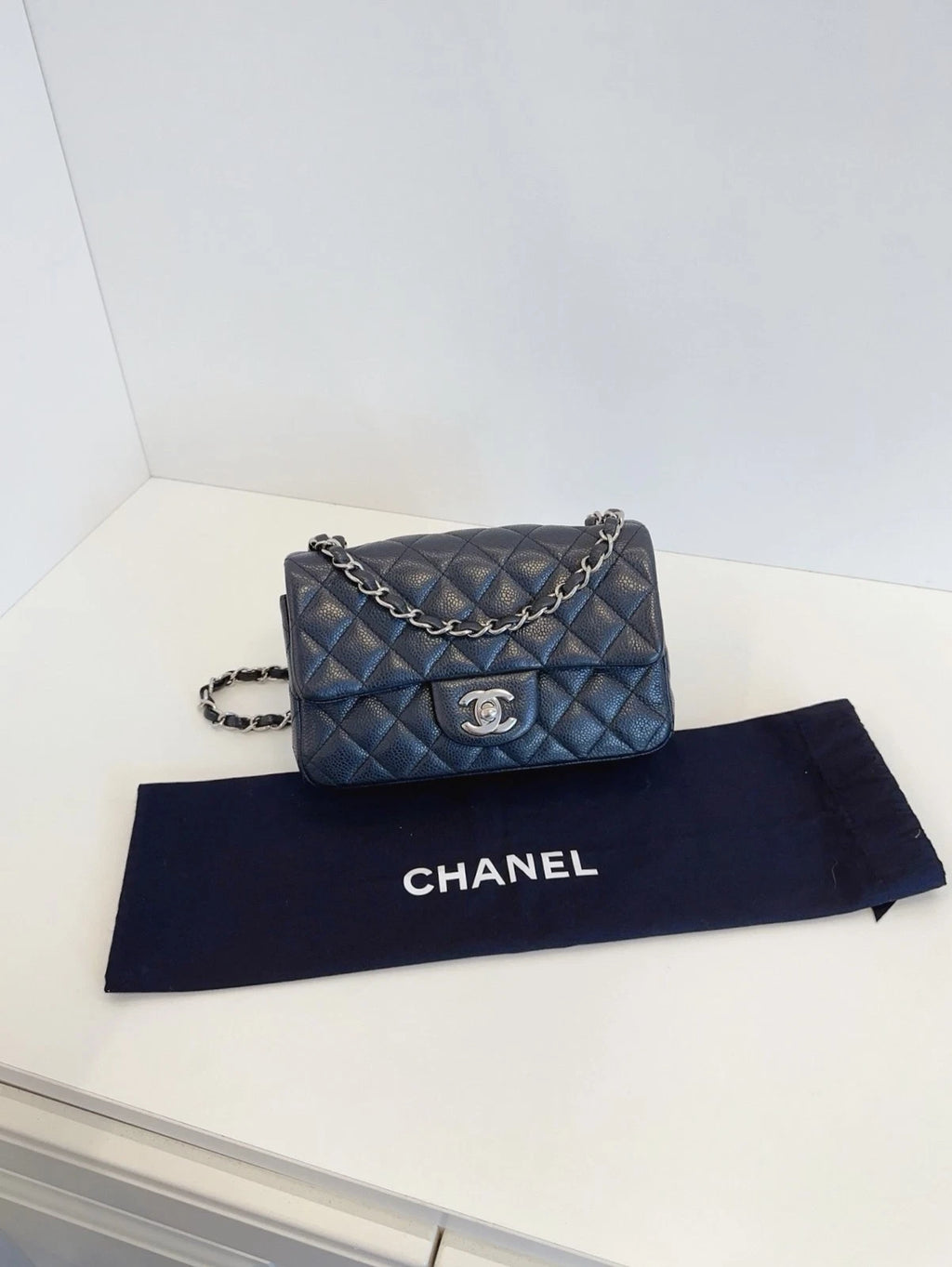 Chanel Flap Mini Crossbody Shoulder Bag Black Silver Excellent