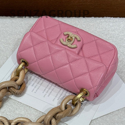 Chanel Pink Gold Lambskin Wood Chain Shoulder Bag - Classic Fashion Women