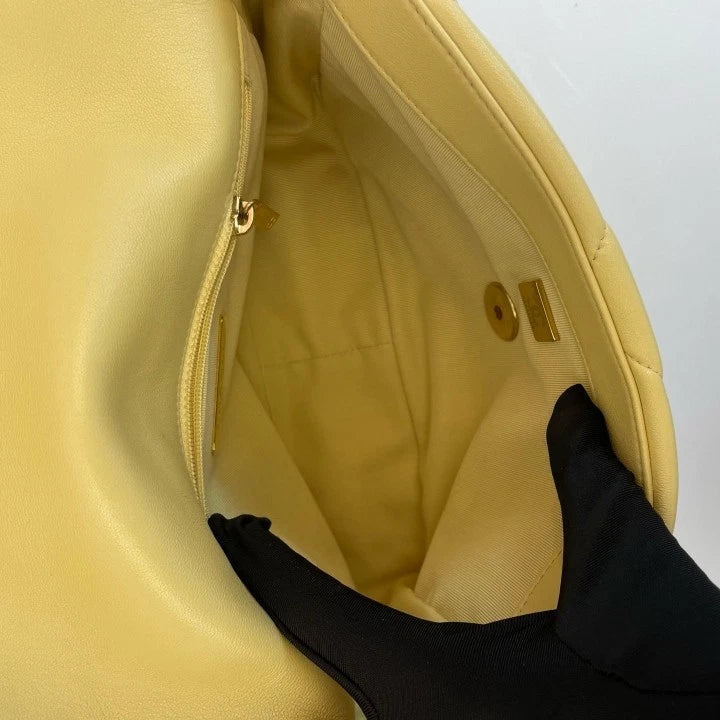 Authentic CHANEL 19Bag Yellow Lambskin Shoulder Bag Women