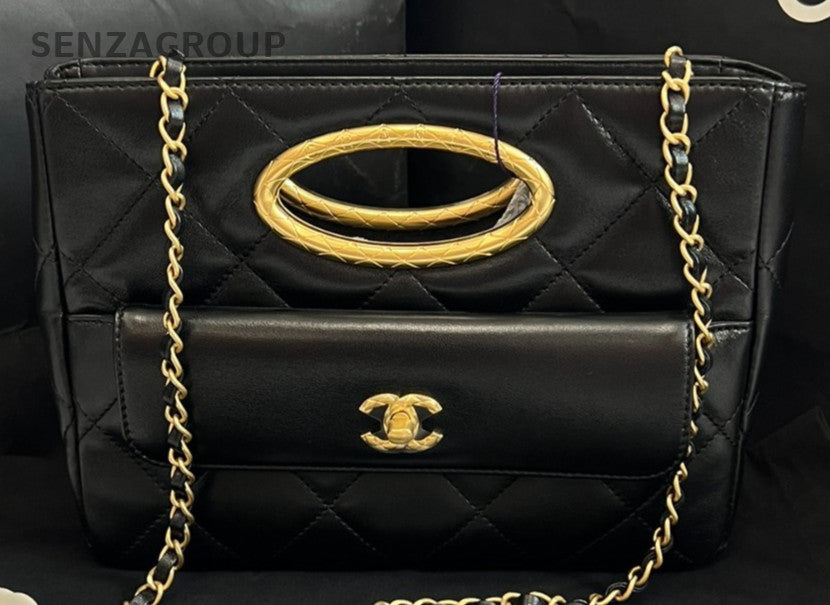 Chanel 24B 2Way Top Handle Bag Chain Crossbody Black Gold Women Classic