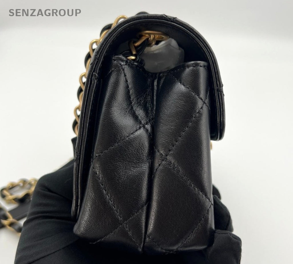 Chanel Diamond Lambskin Mini Chain Shoulder Bag Crossbody Black Gold Women