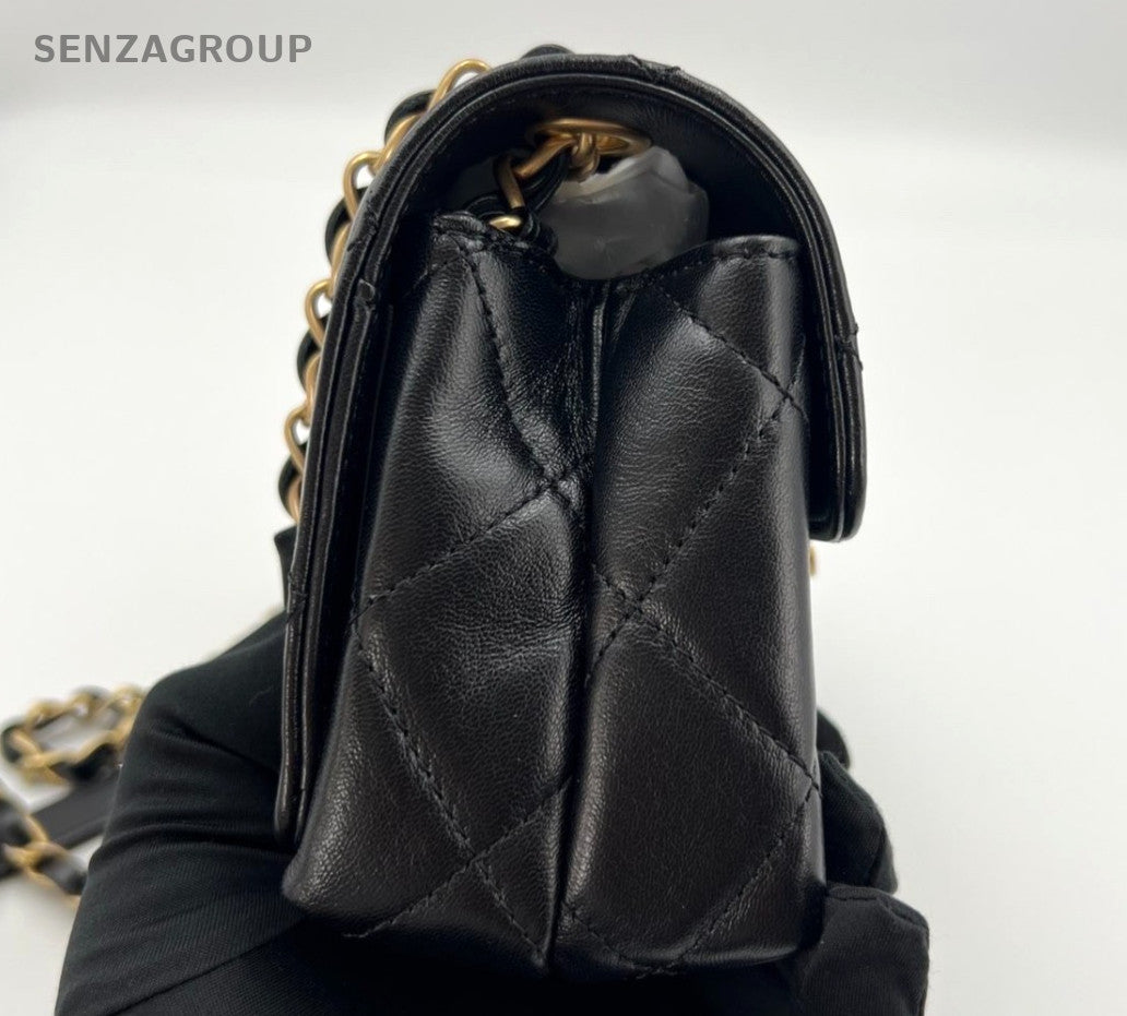 Chanel Diamond Lambskin Mini Chain Shoulder Bag Crossbody Black Gold Women