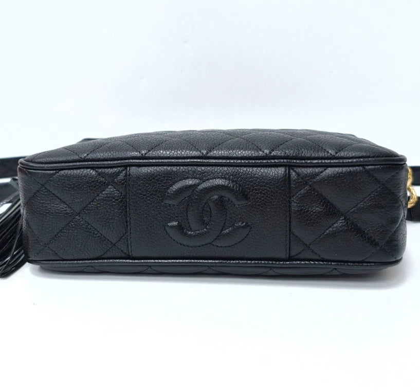 Chanel Diamond Tassel Camera Bag Shoulder Bag Crossbody Black Gold Women Vintage