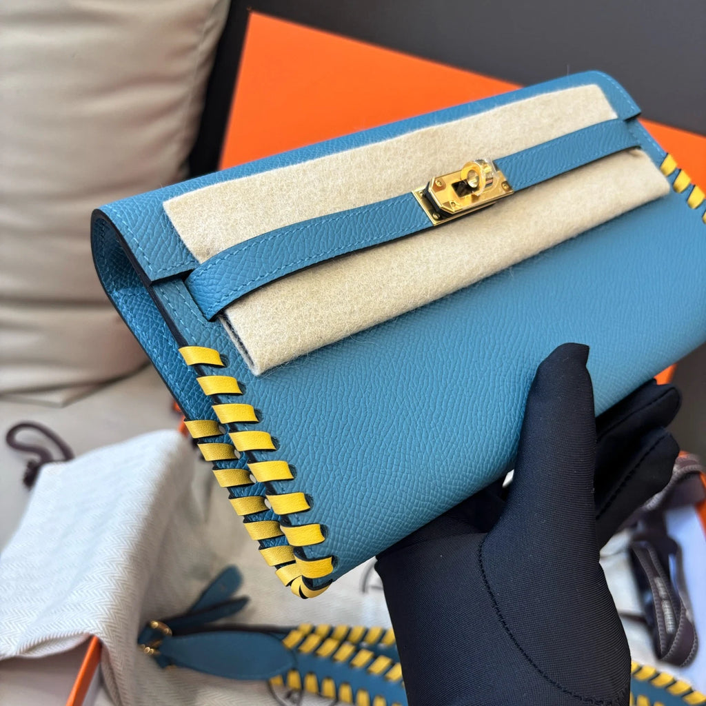 New Hermes Kelly To Go Tressage 2Way Blue Clutch Crossbody Gold Hardware