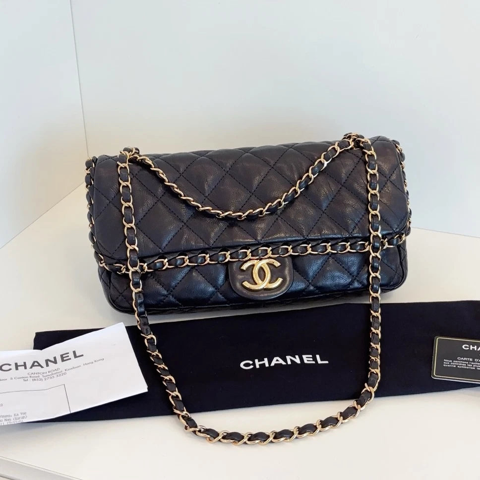 Chanel Classic Flap Jumbo Calfskin Chain Shoulder Crossbody Black Gold Women