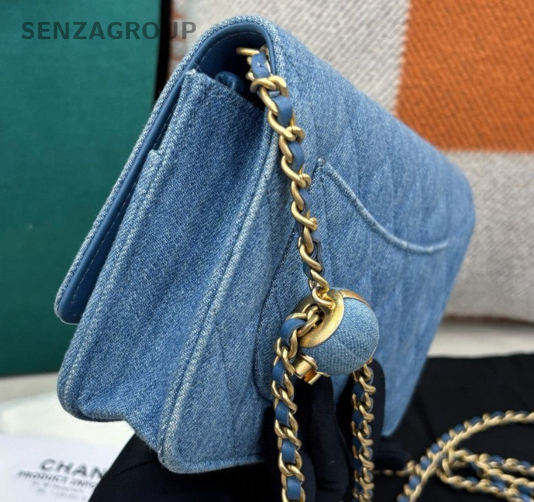 Chanel WOC Denim Chain Shoulder Bag Crossbody Diamond Blue Gold Women Classic