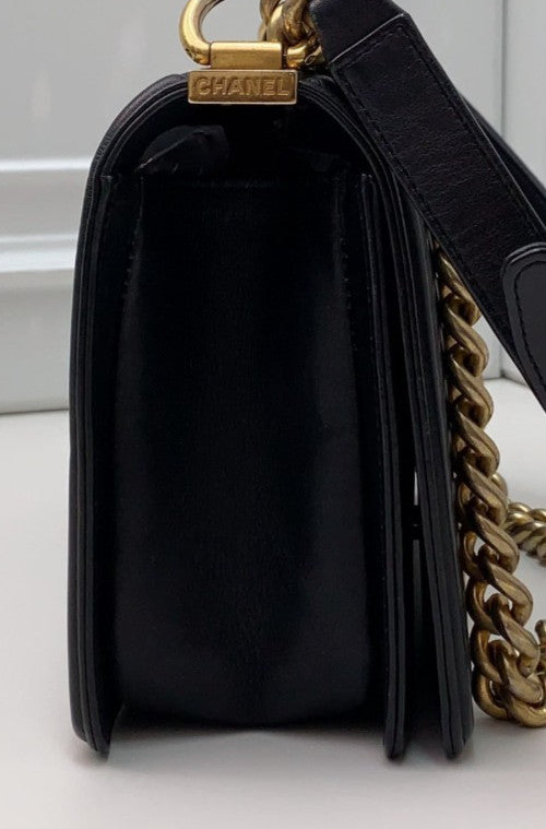 Chanel Leboy Calfskin Chain Shoulder Bag Black Gold Women Classic Diamond