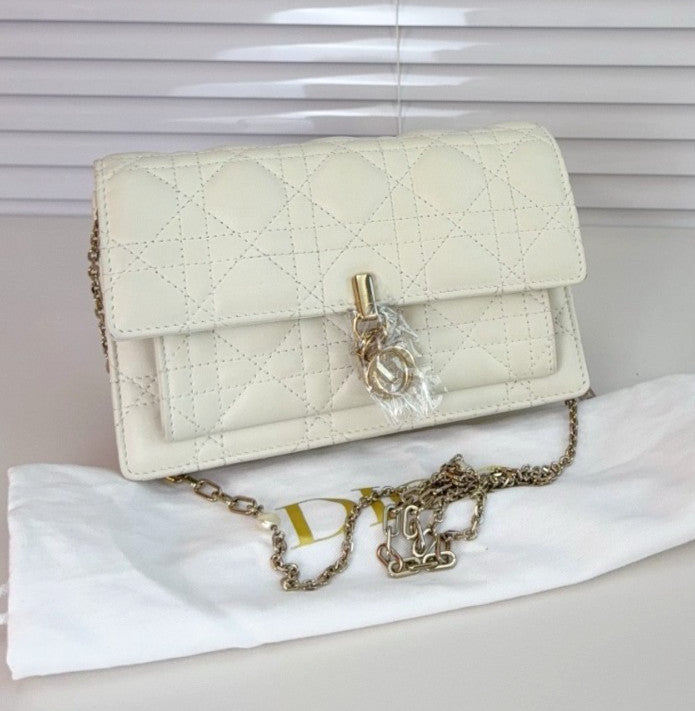 Christian Dior Woc Lambskin Wicker check pattern Chain Shoulder bag White Gold