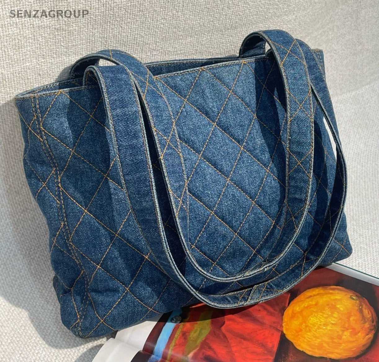 Chanel Denim Tote Shoulder Bag Blue Gold Used Women Classic Diamond