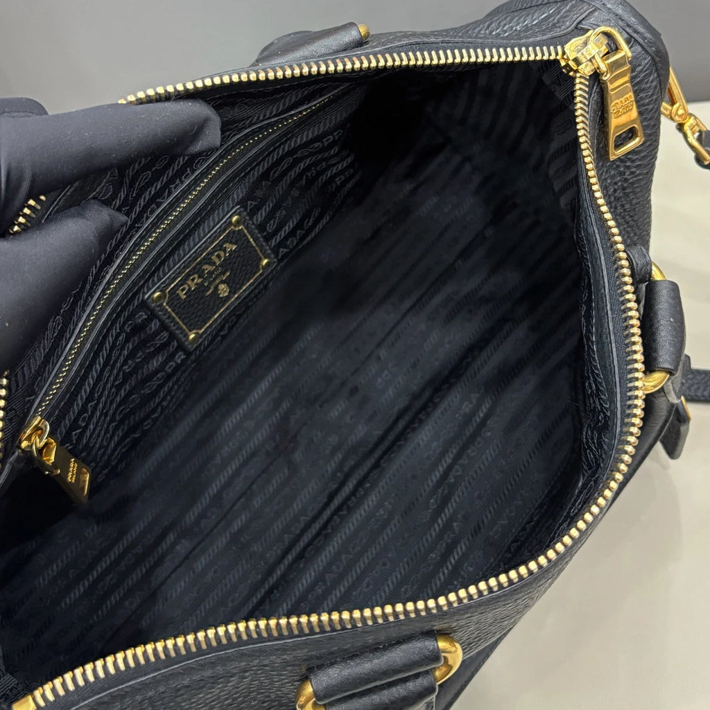 Prada Tote Black 2Ways Top Handle Shoulder Bag Gold Hardware Women Classic