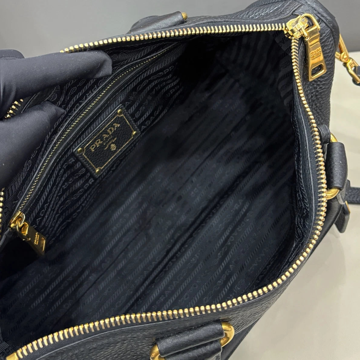 Prada Tote Black 2Ways Top Handle Shoulder Bag Gold Hardware Women Classic