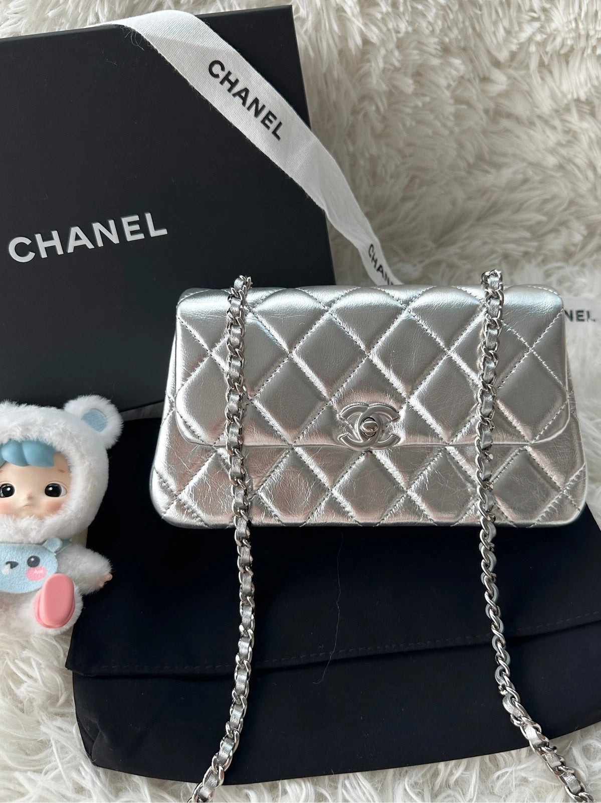 CHANEL Silver CF Mini Calfskin Flap Shoulder Crossbody Bag For Women