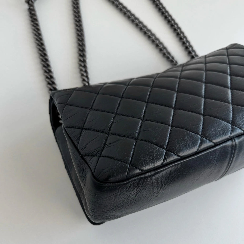 Chanel Classic Flap Cambon Chain Shoulder Bag Black Silver Women Diamond