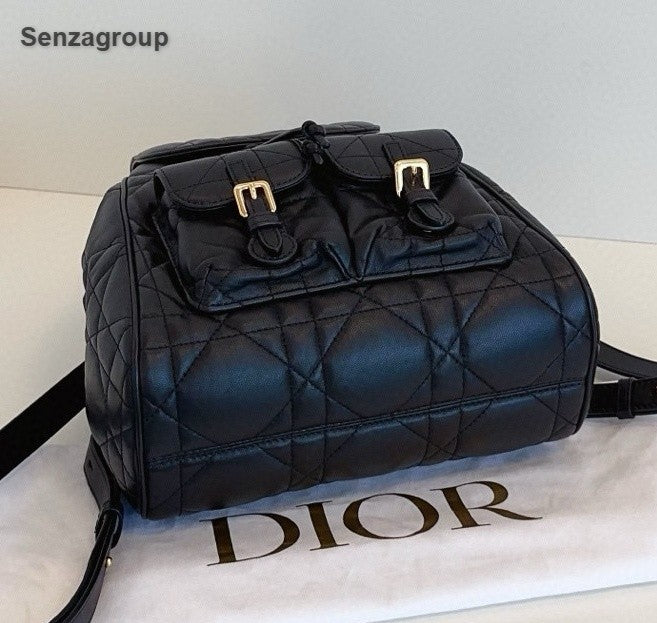 Christian Dior Caro MM Backpack Black Gold Used Women Classic Fashion