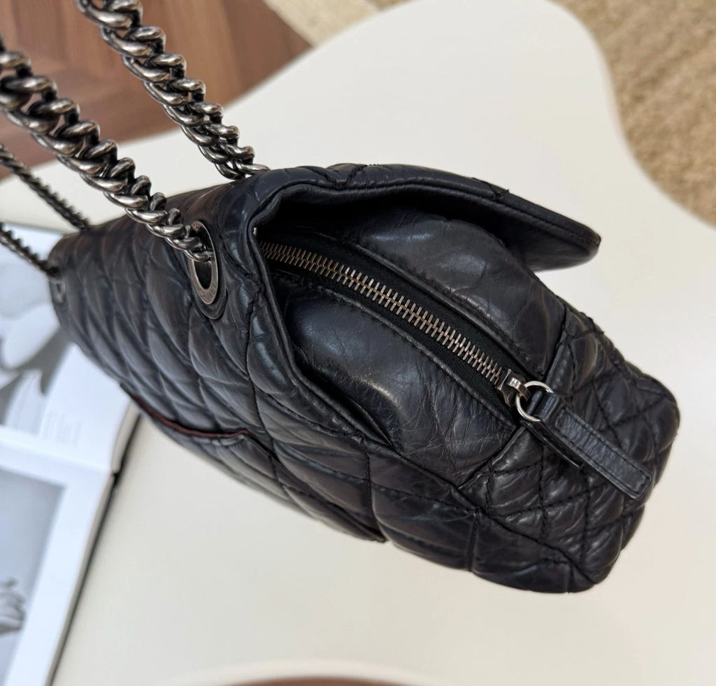 Chanel Classic Flap Diamond Calfskin Chain Shoulder Bag Black Silver Used Women